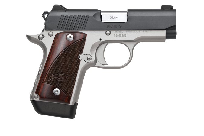 Micro 9mm, 3.15", 2 Tone Pistol, White Dot Sights, 6rd Magazine, Rosewood grips, Black Slide/Silver Frame