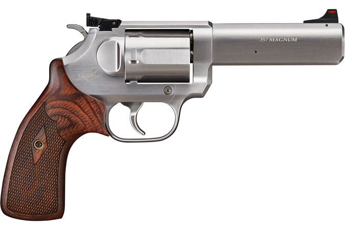 ^~K6s .357Mag, 4", Stainless Revolver, DA/SA, Red Fiber Front/Adjustable rear sights, Large Profile Checkered Walnut Grip, Knurled Hammer Spur