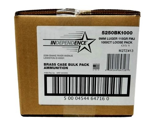 INDEPENDENCE 9MM LUGER 115GR FMJ AMMO 1000RD BULK