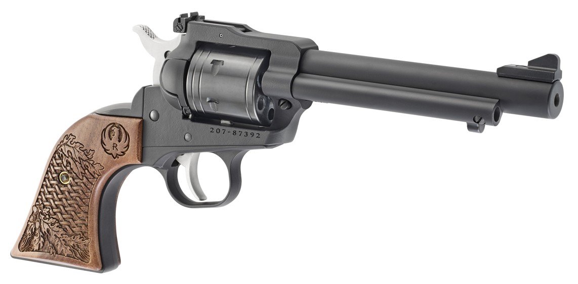 SUPER WRANGLER COLLECTOR'S SERIES 22LR/22WMR 5.5" BLACK CERAKOTE FRAME; ENGRAVED AMERICAN WALNUT GRIPS; RAMP FRONT SIGHT; ADJUSTABLE REAR SIGHT; 2025 COLLECTOR'S SERIES METAL LICENSE PLATE; DECAL & PIN; 6RD CAPACITY