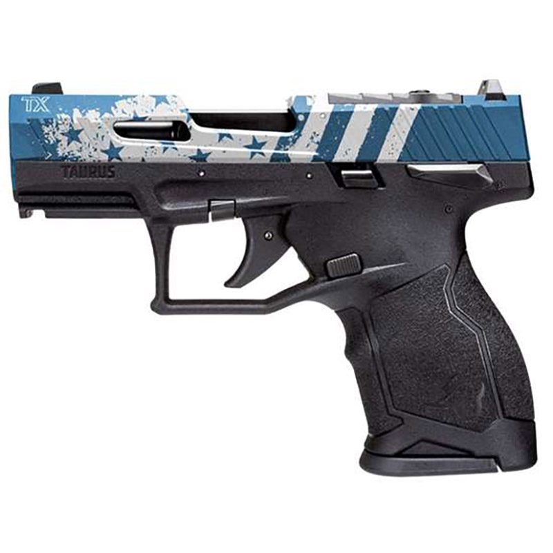 Taurus TX22 Compact Semi-Auto Pistol, .22 LR, 3.6" Stainless Steel Barrel, 13-Round, Optics-Ready Slide, Black Polymer Frame, US Blue American Flag Finish