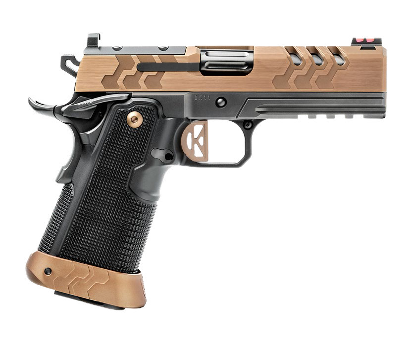 KIMBER 2K11 PRO OR COYOTE 45ACP 4.25" BULL BRL COYOTE PVD SLIDE; BLACK DLC FRAME & BARREL; ALUMINUM GRIP MODULE; STAN CHEN MAGWELL; AMBI THUMB SAFETY; ACCESSORY RAIL; FIBERLOCK 2 FRONT SIGHT; GT TRIGGER; 1X13RD & 1X11RD MAGAZINES
