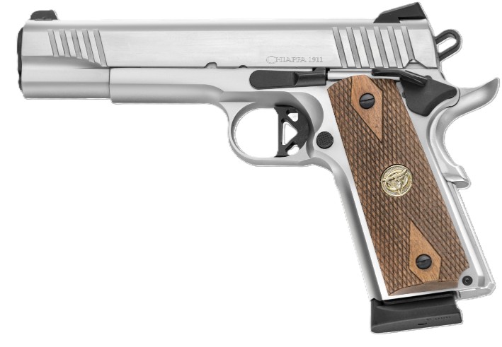 Chiappa 1911 SUPERIOR GRADE PISTOL 45 AUTO 5IN BARREL 8RD CHROME COMBAT HAMMER/TRIGGER FIBER OPTIC SIGHTS WITH RMR & RMSC ADAPTERS DIAMOND CHK WALNUT GRIPS 2-8 RD MAG 440.234