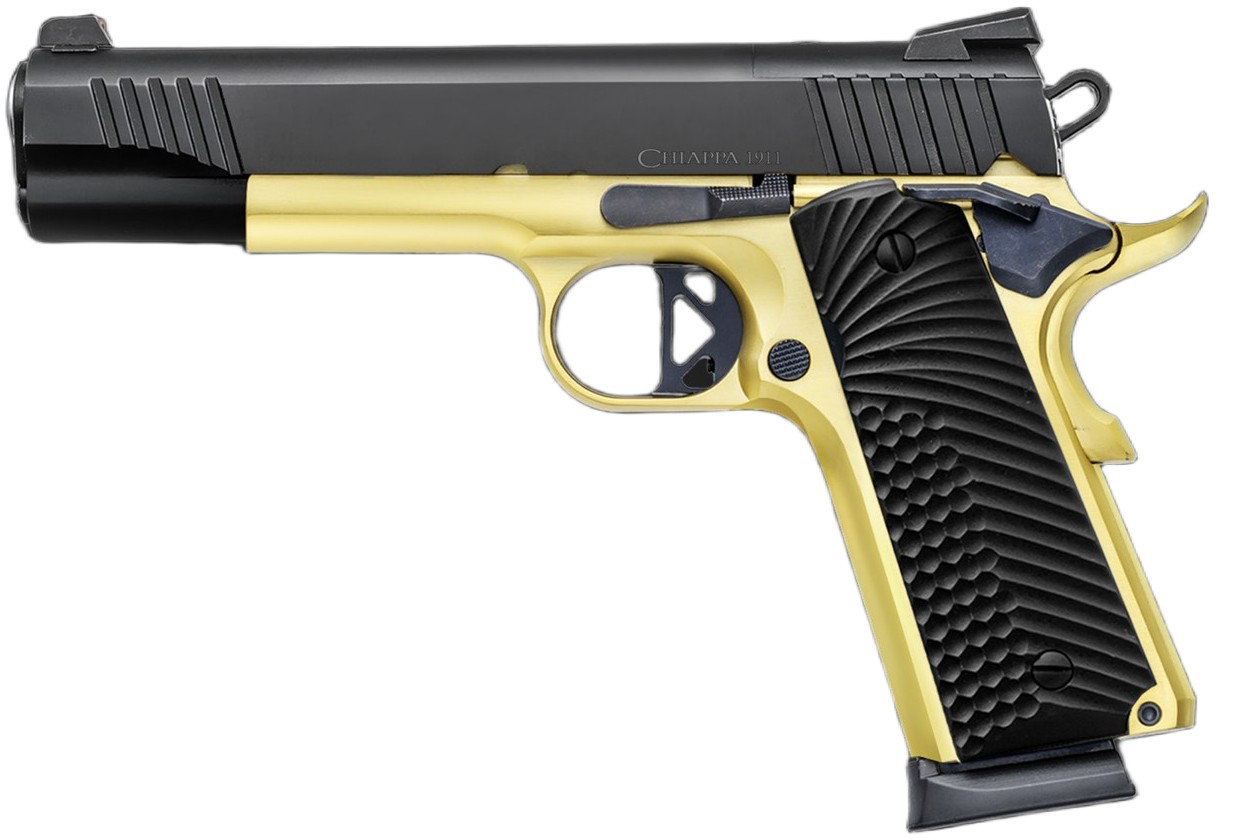 Chiappa 1911 SUPERIOR GRADE PISTOL 45 AUTO 5IN BARREL 8RD BLACK GOLD COMBAT HAMMER/TRIGGER FIBER OPTIC SIGHTS WITH RMR & RMSC ADAPTERS G10 GRIPS 2-8 RD MAG 440.236